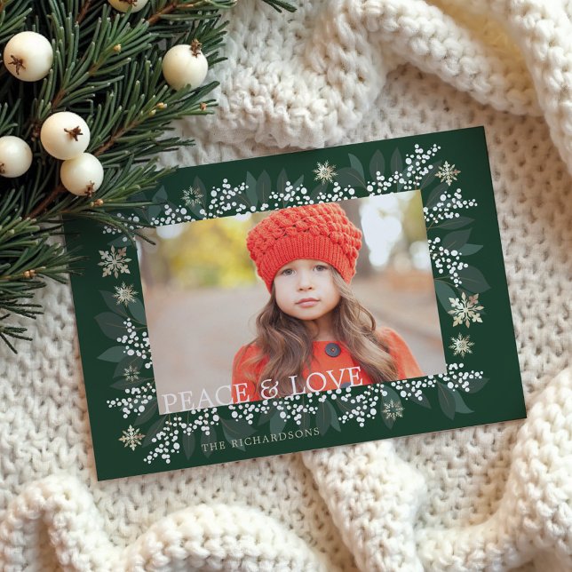 Peace & Love White Berries Foliage Snowflakes Holiday Card (Peace & Love White Berries Foliage Snowflakes Holiday Card)