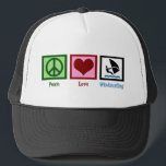 Peace Love Windsurfing Trucker Hat<br><div class="desc">Peace sign,  heart,  and a person windsurfing on the ocean blue.</div>