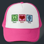 Peace Love Wine Pink Winery Grapes Trucker Hat<br><div class="desc">Peace Love Wine. A cute wine tasting gift for a sommelier in wine country that features a pretty peace sign,  heart,  and beautiful cluster of grapes.</div>