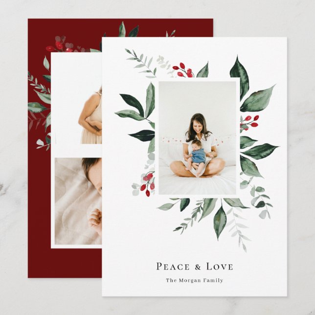 Peace Love Winter Berry Botanical Photo Holiday Card (Front/Back)