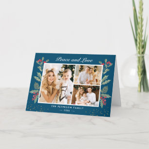 Peace Love Winter Blue Christmas Berries 3 Photo Holiday Card