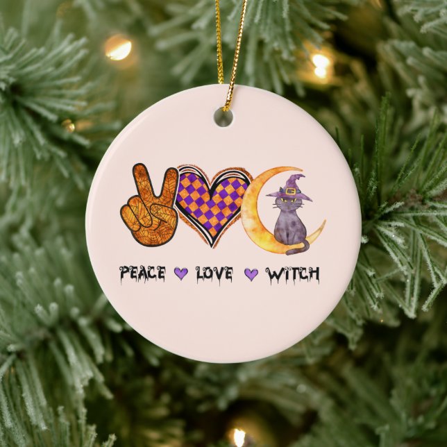 Peace Love Witch – Halloween Design Ceramic Ornament (Tree)