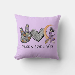 Peace, Love, Witch – Peace Sign, Heart & Witch Throw Pillow
