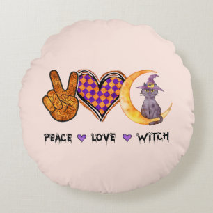 Peace, Love, Witch Round Pillow