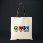 Peace Love Wrestling Tote Bag<br><div class="desc">Peace Love Wrestling. Cool wrestler gift with a peace sign, heart, and two guys grappling in a joint lock in a wrestling match in the ring. Awesome wrestling coach present from someone who wrestles on a team.</div>