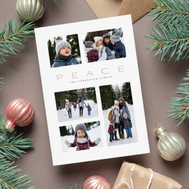 Peace modern minimal 5 photo Christmas Holiday Card (Creator Uploaded)