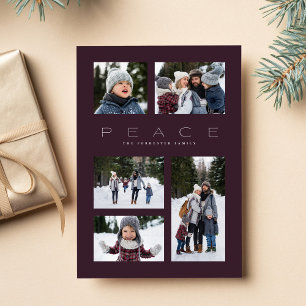 Peace modern minimal 5 photo purple Christmas Holiday Card