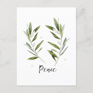 PEACE, olive leaf ,Christmas, Holiday, watercolor, Invitation Postcard