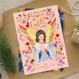 Peace on Earth Angel Floral Folk Art Blush Pink Holiday Card