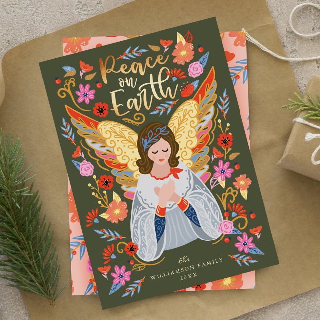 Peace on Earth Angel Floral Folk Art Earthy Green Holiday Card (Peace on Earth Angel Floral Folk Art Earthy Green Holiday Card)