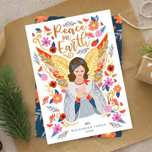 Peace on Earth Angel Floral Folk Art White Holiday Card