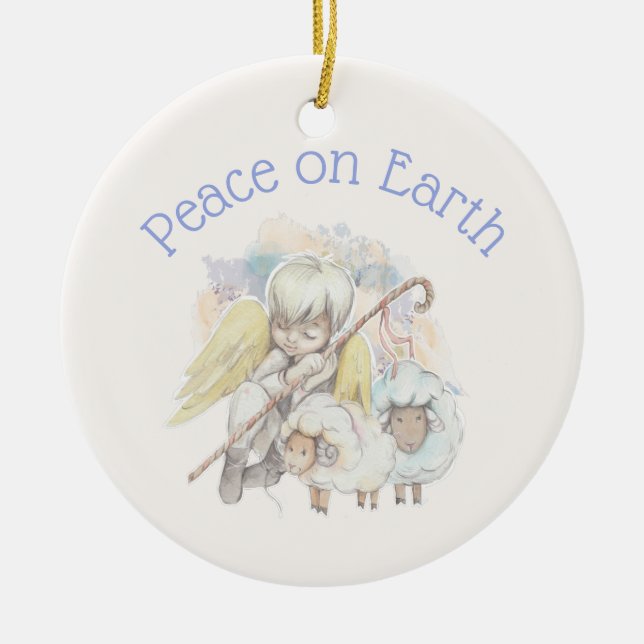 Peace on Earth Angel Shepherd & Lambs Ceramic Ornament (Front)