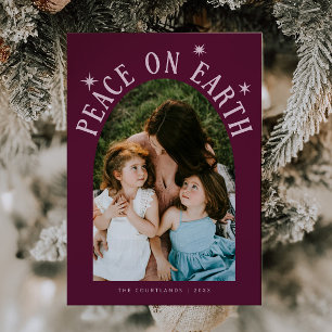 Peace On Earth Arch Photo Cranberry Christmas Holiday Card