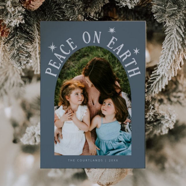 Peace On Earth Arch Photo Slate Blue Christmas Holiday Card (Creator Uploaded)