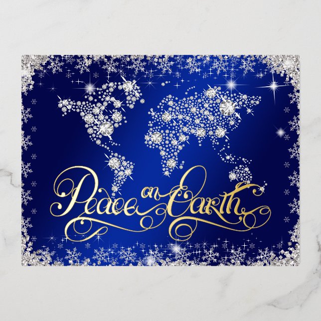 Peace on Earth Blue and Diamonds  Foil Holiday Postcard (Front)