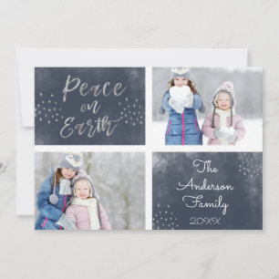 Peace on Earth Blue and Silver Watercolor Photo Holiday Card