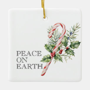 PEACE ON EARTH, Candy Cane, Editable Name & Date Ceramic Ornament