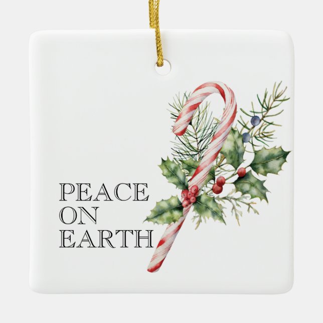 PEACE ON EARTH, Candy Cane, Editable Name & Date Ceramic Ornament (Front)