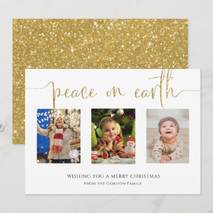 Peace on Earth Christmas 3 Photo Collage Glitter H Holiday Card