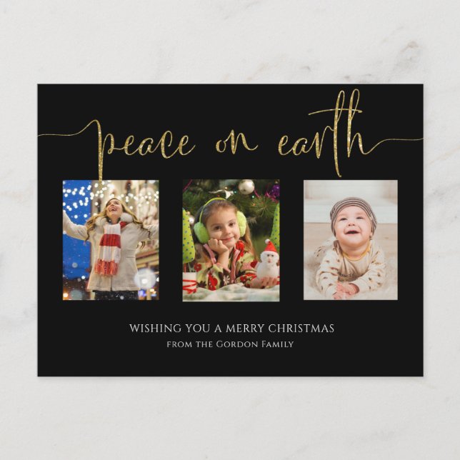 Peace on Earth Christmas 3 Photo Collage Glitter H Holiday Postcard (Front)