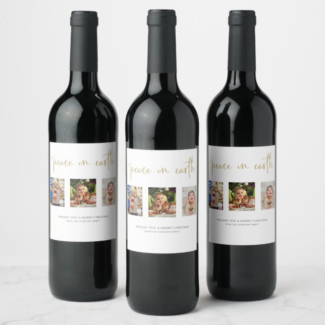 Peace on Earth Christmas 3 Photo Collage Glitter  Wine Label (Bottles)