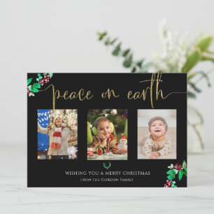 Peace on Earth Christmas 3 Photo Wreath Watercolor Holiday Card