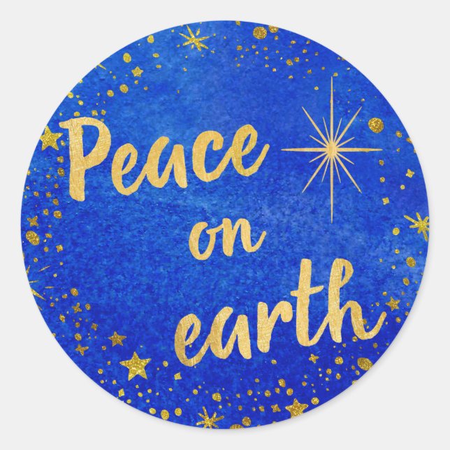 Peace on Earth Christmas Blue and Gold Classic Round Sticker (Front)