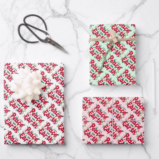 PEACE ON EARTH Christmas Holiday HandDrawn Variety Wrapping Paper Sheet (Front)