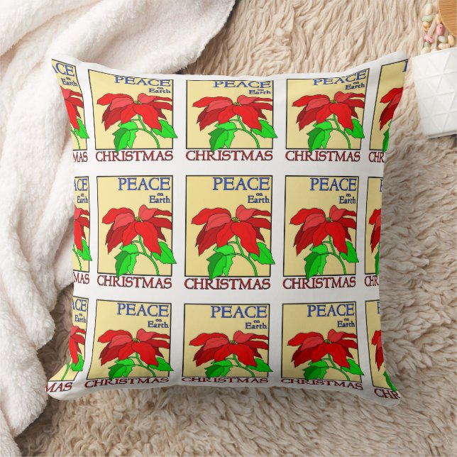 Peace on Earth Christmas Holiday Poinsettia Flower Throw Pillow (Blanket)