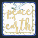 Peace on Earth Christmas Kwanzaa Hanukkah Square Sticker<br><div class="desc">Our blue and gold Peace on Earth watercolor holiday design matches our Christmas,  Kwanzaa,  and Hanukkah inclusive Peace on Earth holiday cards. This design makes a great finishing touch to holiday packages or envelopes as envelopes seals.</div>