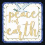Peace on Earth Christmas Kwanzaa Hanukkah Square Sticker<br><div class="desc">Our blue and gold Peace on Earth watercolor holiday design matches our Christmas,  Kwanzaa,  and Hanukkah inclusive Peace on Earth holiday cards. This design makes a great finishing touch to holiday packages or envelopes as envelopes seals.</div>