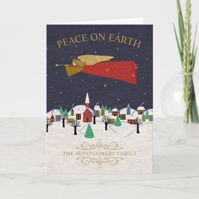 Peace on Earth Christmas Village Folk Art Holiday Card (Front)