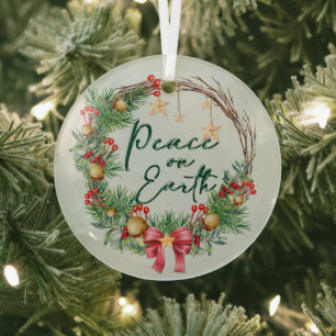 Peace on Earth Christmas Wreath Glass Ornament