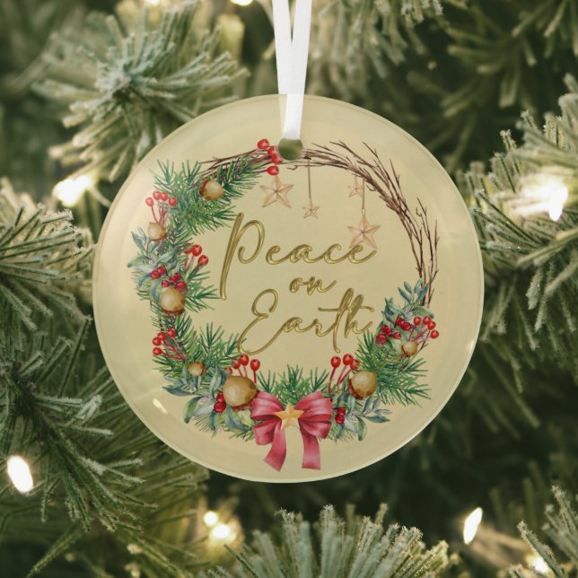 Peace on Earth Christmas Wreath Glass Ornament (Insitu)