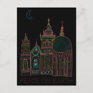 PEACE ON EARTH City Glow Bright Neon on Black Holiday Postcard