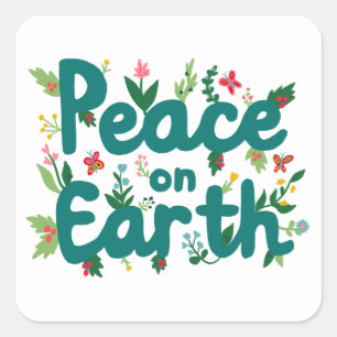PEACE ON EARTH Cute Christmas Holiday Whimsical Square Sticker