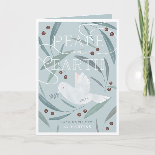Peace on Earth Dove Blue Photo Christmas Holiday Card (Front)