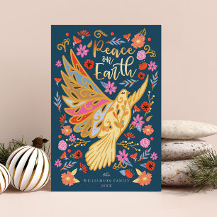 Peace on Earth Dove Floral Folk Art Deep Blue Holiday Card