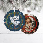 Peace on Earth Dove Peace Sign Wreath Illustrated Ornament Card<br><div class="desc">Christmas Card Ornaments are finally here; create a keepsake with original hand-lettering and illustration of a dove,  peace sign wreath and a photo with text on the back to mail to your loved ones; colour of the background are editable</div>