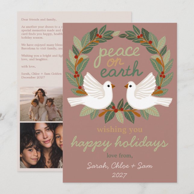 Peace on Earth Doves Christmas CUSTOM 4 PHOTO Holiday Card (Front/Back)
