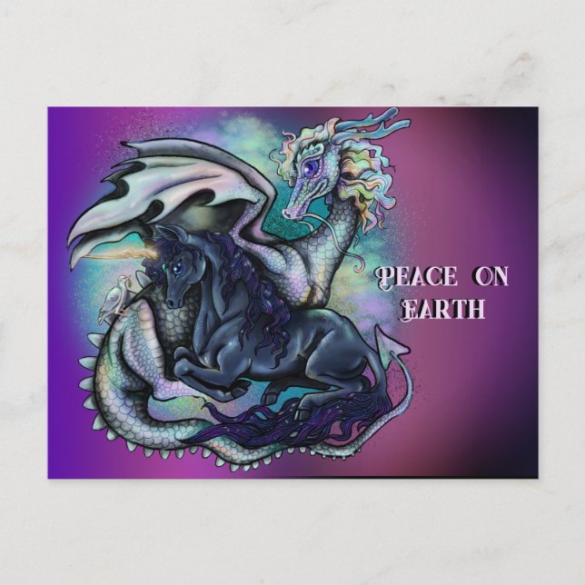Peace On Earth Dragon and Unicorn Holiday Postcard (Front)
