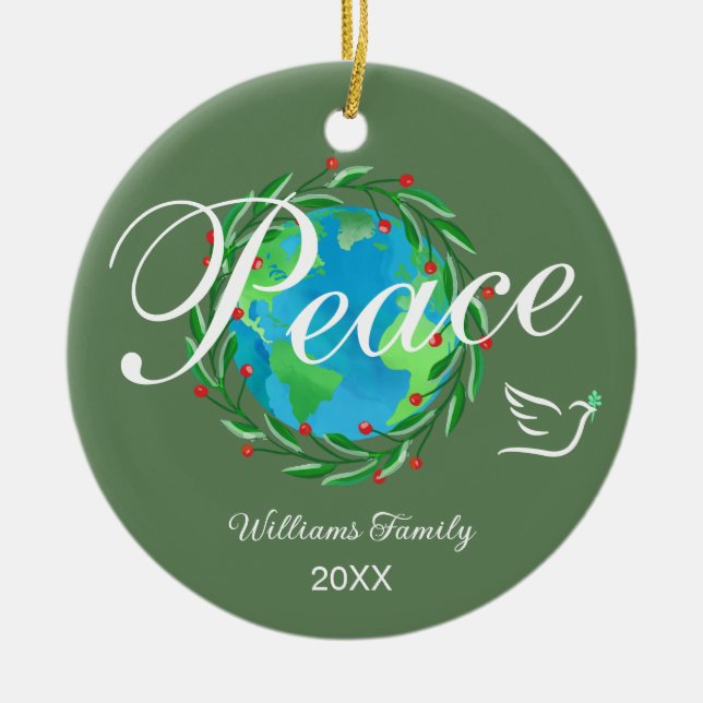 Peace on Earth Elegant Script Christmas Photo Ceramic Ornament (Front)