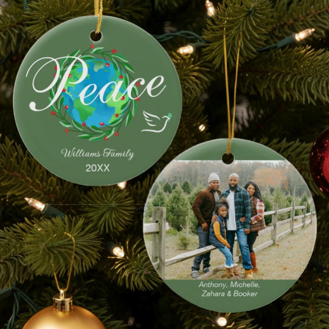 Peace on Earth Elegant Script Christmas Photo Ceramic Ornament (Creator Uploaded)