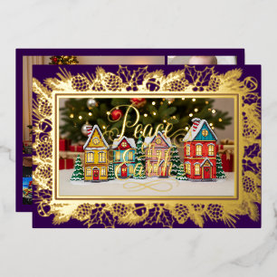 Peace on Earth, Family Portrait Purple Gold Foil Holiday Card