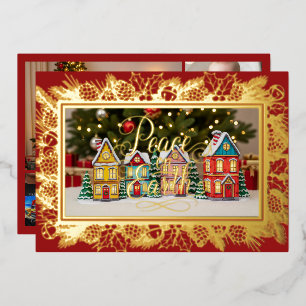 Peace on Earth, Family Portrait Red Gold Foil Holiday Card