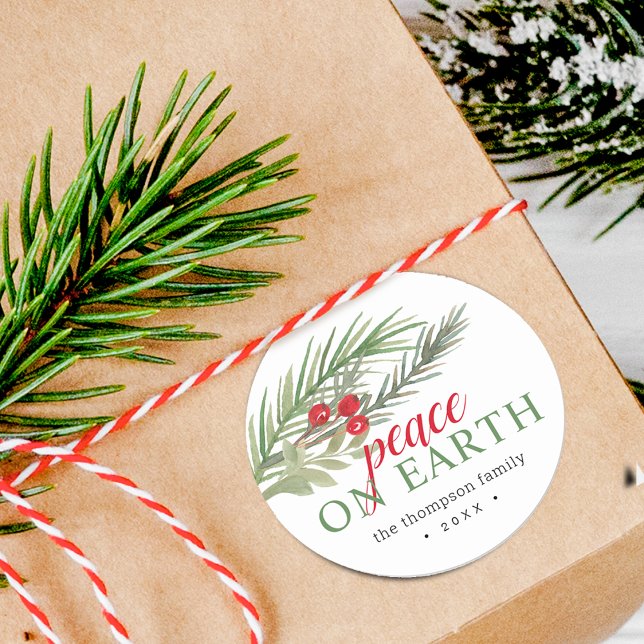 Peace on Earth Festive Christmas Greenery Classic Round Sticker (Peace on Earth Festive Christmas Greenery Classic Round Sticker)