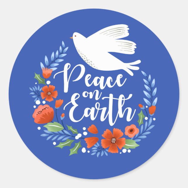 Peace on Earth Floral Christmas Script Classic Round Sticker (Front)