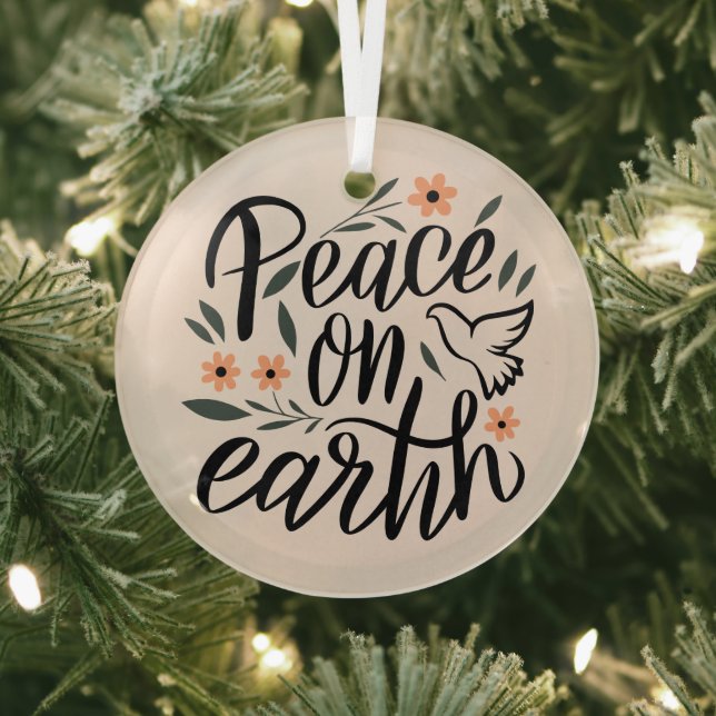 Peace on Earth Floral Design Glass Ornament (Insitu)