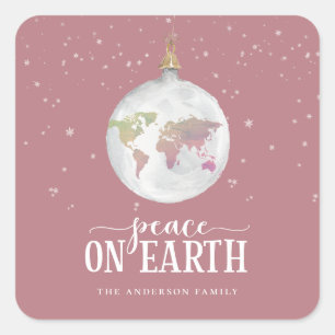 Peace on Earth Globe Ornament Dusty Rose Holiday Square Sticker