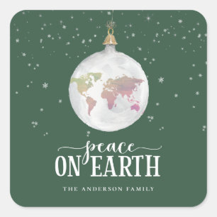 Peace on Earth Globe Ornament Green Holiday Square Sticker